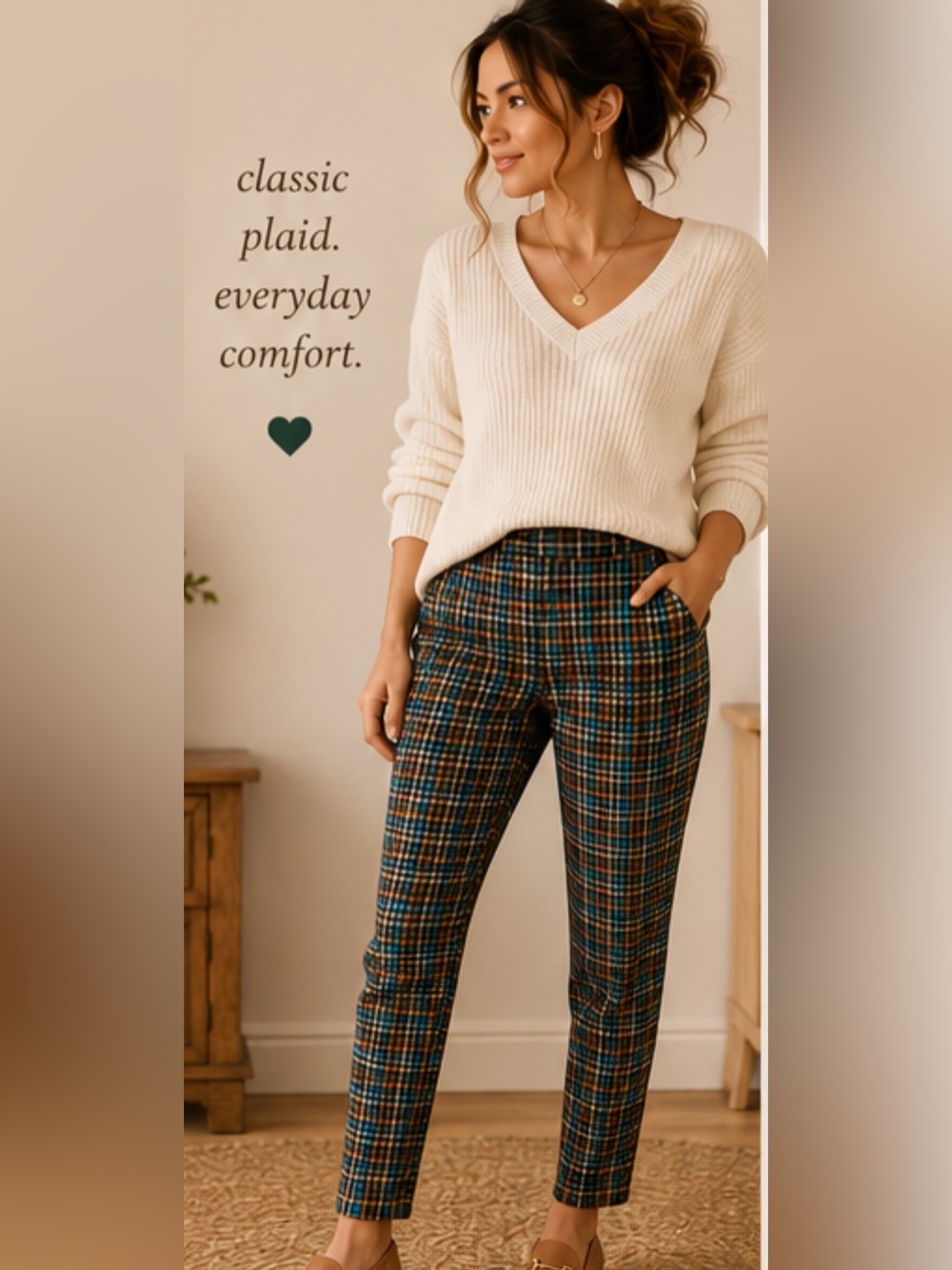 CATO Size 14 Plaid Slim Straight Pants Brown Turquoise Blue Academia Preppy